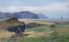 Fisherboy mending nets on the seashore by Carleton Grant, 1890, watercolour, sold Mar 2023