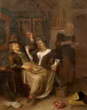 Couple drinking and laughing in an interior, with a maid by a door oil on canvas indistinctly signed 29 x 24cm Provenance: Anon by Richard Brakenburg, oil on canvas, offered Mar 2023