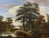 An extensive wooded river landscape with figures and animals oil on canvas signed ‘P va’ (lower right) 40 x 54cm Provenance: Anon by Pieter van Asch, oil on canvas, sold Mar 2023