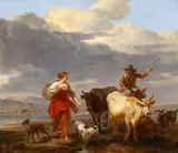 A pastoral landscape with figures, cattle, goats and a dog oil on panel 32 x 36cm Provenance: Christies, thence private collection Surrey by Nicholaes Bercham, oil on panel, offered Mar 2023