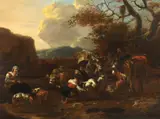 A pastoral landscape with cattle, goats, sheep and figures oil on panel, cradled 36 x 50cms by Jan Frans Soolmaker, oil on panel, sold Mar 2023