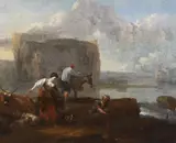 A landscape with figures and animals on the shores of a lake by Nicholaes Bercham, oil on canvas, sold Mar 2023