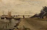 Harbour scene and River landscapepair of oils on by Berndt Lindholm, oil, sold Mar 2023