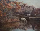 Riverside town with horses wateringoil on canvassigned and by Harry Floyd, oil on canvas, offered Mar 2023