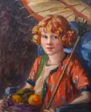 Portrait of a young lady holding a parasoloil on by Edith Mary Urquhart, oil on canvas, sold Mar 2023