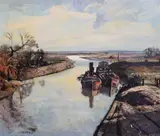 Barges on a canaloil by Rowland Hilder, Oil, sold Mar 2023