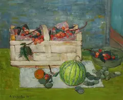 Table top still life with basket of cherries and other by André Vignoles, oil on canvas, sold Mar 2023