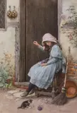 Girl and kitten at a cottage doorwaywatercoloursigned by Charles Edward Wilson, 1891, watercolour, sold Mar 2023