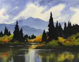Colorado river landscape with fir treeswatercoloursigned and by K.C. Benson, 2000, watercolour, sold Mar 2023