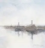 Shipping in harbour by Else Charlotte Hermansson, oil on canvas, sold Mar 2023