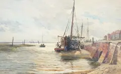 Fishing boat along the wharf at low tide by Charles William Wyllie, 1888, oil on board, sold Mar 2023