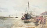 Fishing boat along the wharf at low tide by Charles William Wyllie, 1888, oil on board, sold Mar 2023