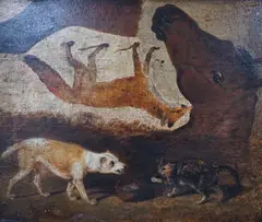 Sketch study of a horse's head, dog and cat and a fox, Canon Gallery label verso, 18 x 22cm by John Frederick Herring Jnr, oil on panel, sold Mar 2023