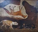 Sketch study of a horse's head, dog and cat and a fox, Canon Gallery label verso, 18 x 22cm by John Frederick Herring Jnr, oil on panel, sold Mar 2023