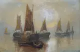 Fishing boats at anchor by Gerald Sutcliffe, oil on canvas, sold Mar 2023