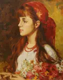 Young girl with a red scarf by Yossif Tali, oil on canvas, sold Mar 2023
