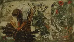 Greenhouse and flowers, label inscribed verso, 12.5 x 21cm by Norman Garstin, oil on board, sold Mar 2023