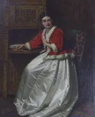 Portrait of a lady seated at a writing desk by Joseph Moseley Barber, 1868, oil on canvas, sold Mar 2023