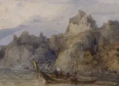 Coastal scene with figures, shipping and boats by François Louis Thomas Francia, watercolour, sold Mar 2023