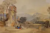 Italianate mountainous scene, with figures resting by a classical fountain, Abbott and Holder label verso, 14.5 x 22cm by William Leighton Leitch, watercolour, sold Mar 2023