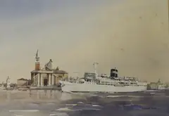 Liner in harbour by Sydney Vale, watercolour, sold Mar 2023