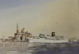 Liner in harbour by Sydney Vale, watercolour, sold Mar 2023