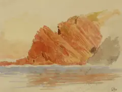 Cliffs and beach, probably near Ilfracombe, North Devon, inscribed and monogrammed, 13.5 x 18cm by Albert Goodwin, watercolour and pencil, sold Mar 2023