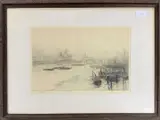A view across the Thames to South Bank Bridge by William Lionel Wyllie, etching, sold Jun 2023