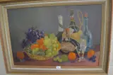 Still life of fruit basket and wine bottles, dated '64, oil on canvas, framed by Muriel Haddon Inwood, OIL ON CANVAS, sold May 2023