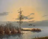 Ducks in flight at Dawn by Gien Brouwer, oil on canvas, offered May 2023