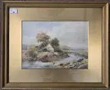 A pastoral landscape scene with a lone figure kneeling by a by John Bates Noel, 1908, watercolour, sold May 2023