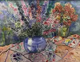 Summer flowers in a blue bowl by Wendy Shawyer, watercolour, sold May 2023