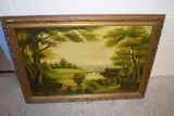 Pastoral landscape with two figures by a lakeside by William L. Staunton, oil on canvas, sold May 2023