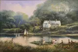 A riverbank view with children fishing by Ted Dyer, oil on canvas, sold Apr 2023