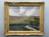 River fishing by Michael Morley, acrylic on board, sold Apr 2023