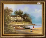 Coastal scene with children playing on the sands by Les Parson, oil on canvas, sold Apr 2023