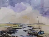 Moored boasts on the North Norfolk coast by Leonard Coxall, watercolour, sold Apr 2023