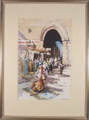 The Market Seller, Morocco by Bernard McDonald, watercolour, sold Apr 2023