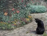 A cat within a floral garden by Anne Briggs, gouache, sold Apr 2023