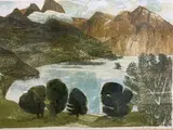 Lake and mountain landscape by Anne Rooke, screenprint, sold Apr 2023