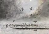 Moonlit Geese by Michael Morley, acrylic on board, offered Apr 2023