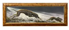 Lurcher chasing a hare by Mick Cawston, 2004, oil on canvas, sold Apr 2023