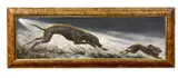 Lurcher chasing a hare by Mick Cawston, 2004, oil on canvas, sold Apr 2023