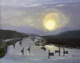 Silouetted geese at night by Michael Morley, acrylic on board, offered Apr 2023