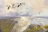 Geese over marshland by Michael Morley, acrylic on board, offered Apr 2023
