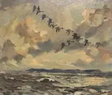 Ducks in flight over the sea by Jack Cox, oil on board, sold Apr 2023