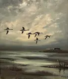 Geese over marshland by R.J. Scott, oil on board, sold Apr 2023