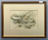 Barn owl in flight by Simon T.Trinder, pencil and watercolour, sold Apr 2023