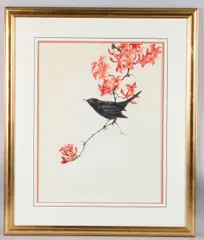 Blackbird perched on a branch of pink blossom by David Ord Kerr, watercolour, sold Apr 2025