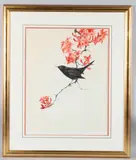 Blackbird perched on a branch of pink blossom by David Ord Kerr, watercolour, sold Apr 2025